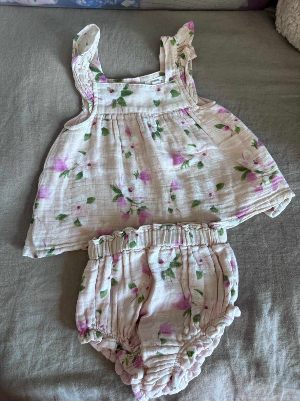 Angel Dear Pink & Green Floral Muslin Top and Bloomers Set